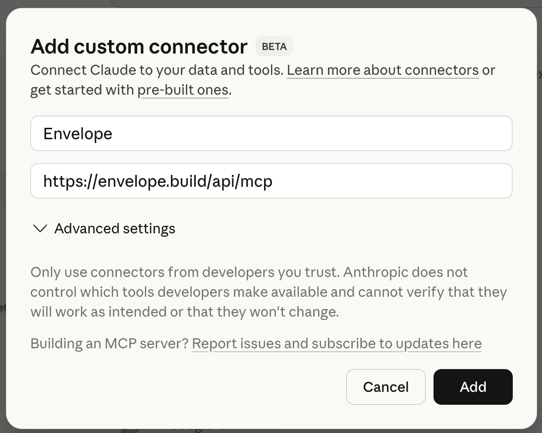 Adding Envelope as a custom connector in Claude Desktop