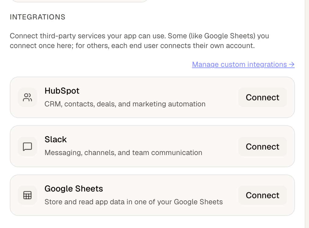 The Integrations panel in the Configure tab, listing HubSpot, Slack, and Google Sheets with Connect buttons