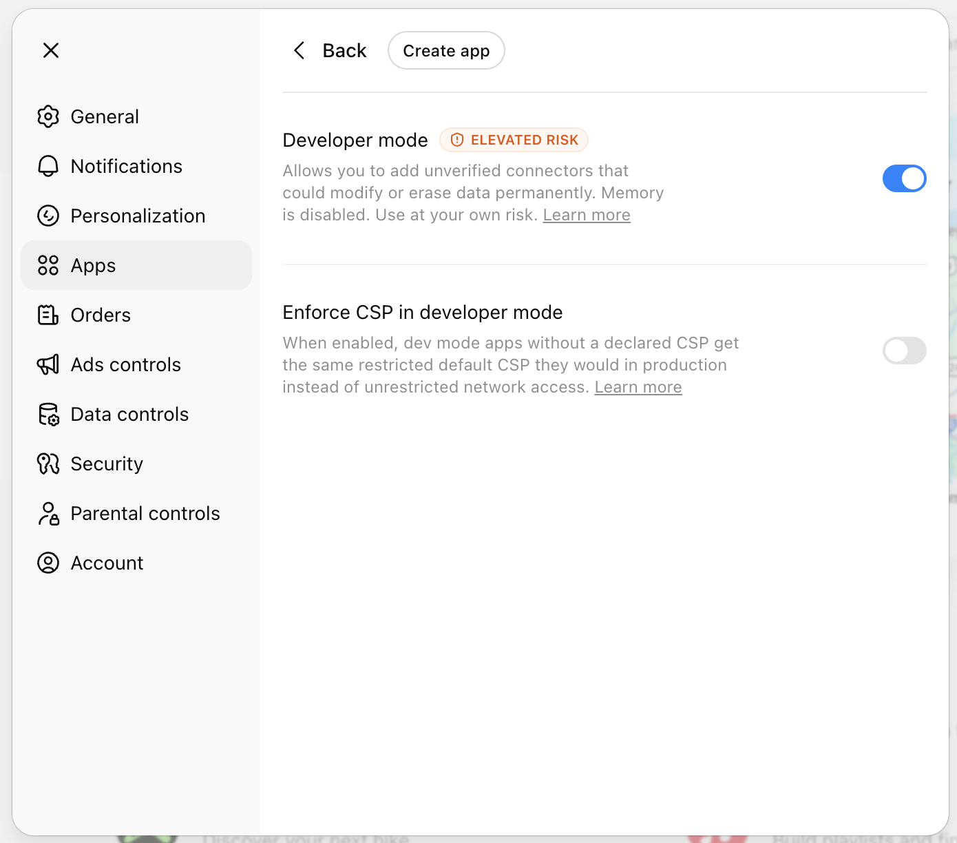 Turning on Developer mode in ChatGPT's Apps settings