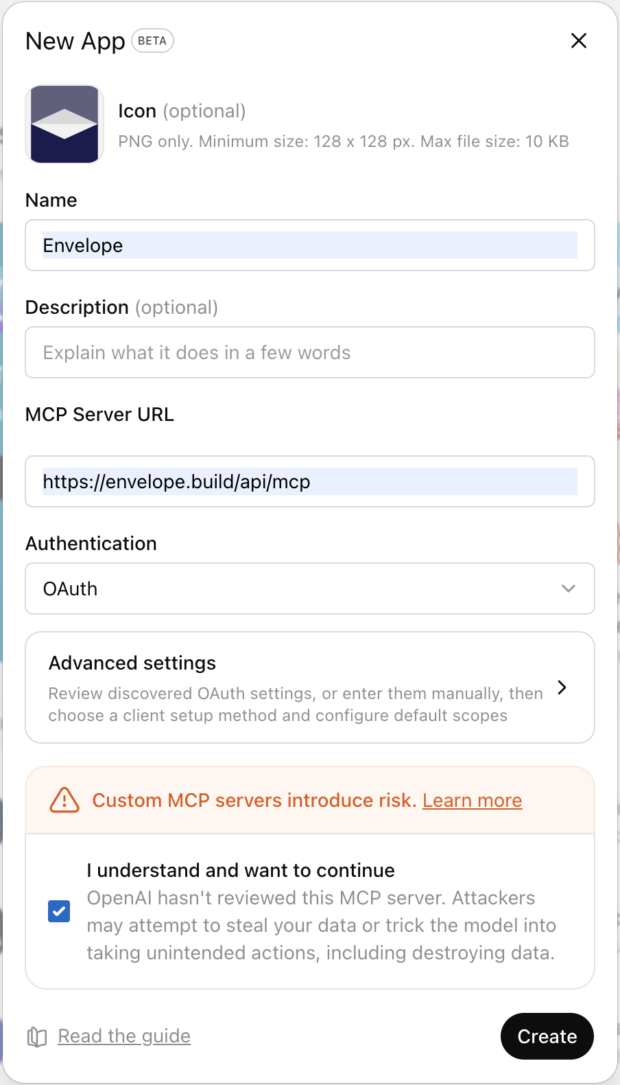 Adding Envelope as a new custom connector in ChatGPT