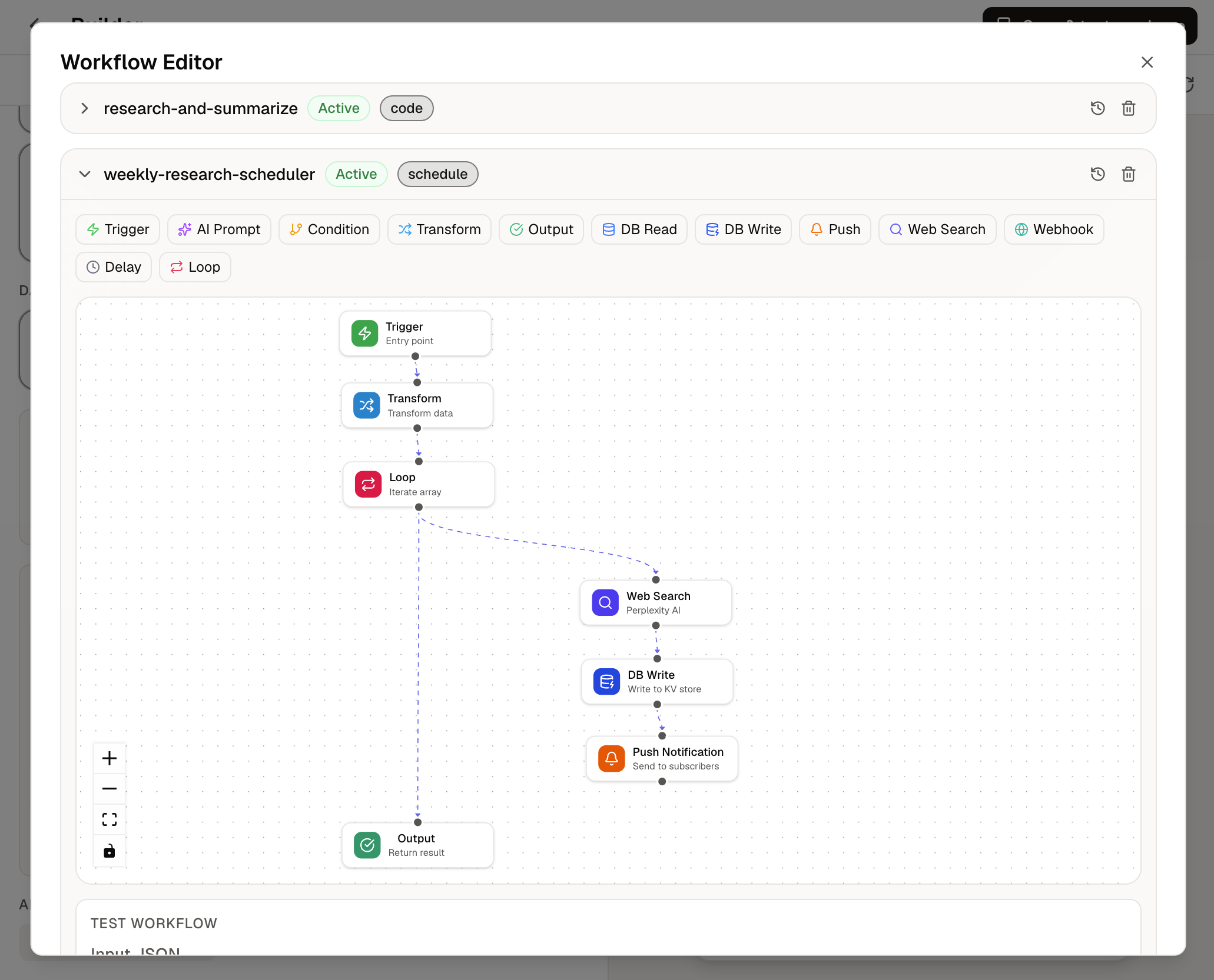 Workflow Editor showing a research-and-summarize workflow with Trigger, Transform, Loop, Web Search, DB Write, Push Notification, and Output nodes