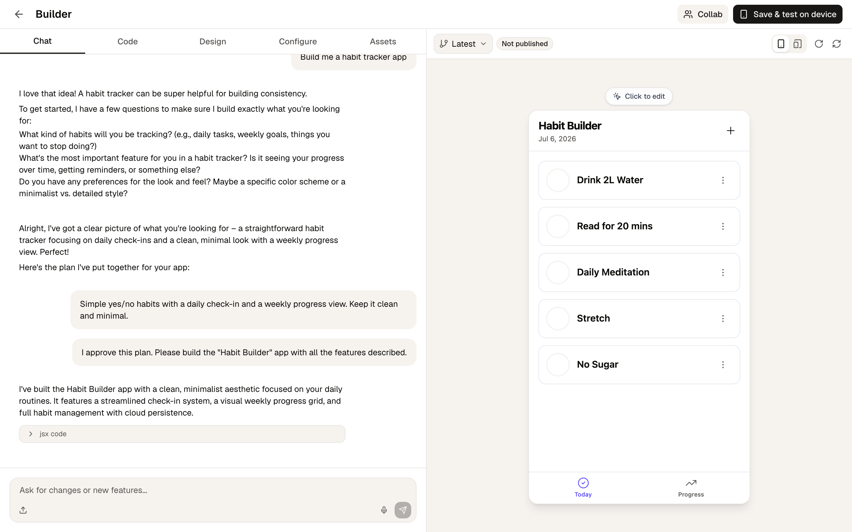 The AI builder: describing a habit tracker in chat on the left, with the finished app running in a live phone preview on the right