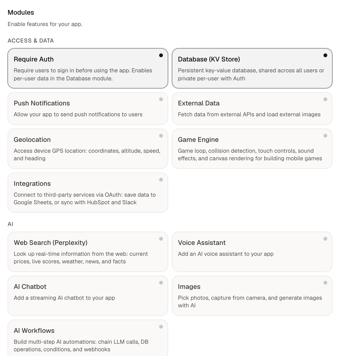 The Modules panel in the builder's Configure tab, with Require Auth and Database enabled automatically for a habit tracker app